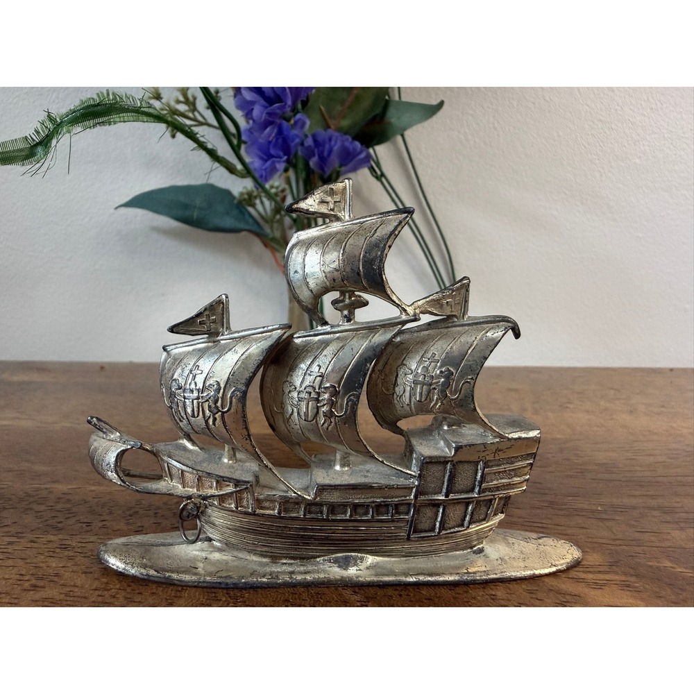 Vintage Silver Tone Metal Spanish Galleon Ship Figurine Nautical Decor Retro